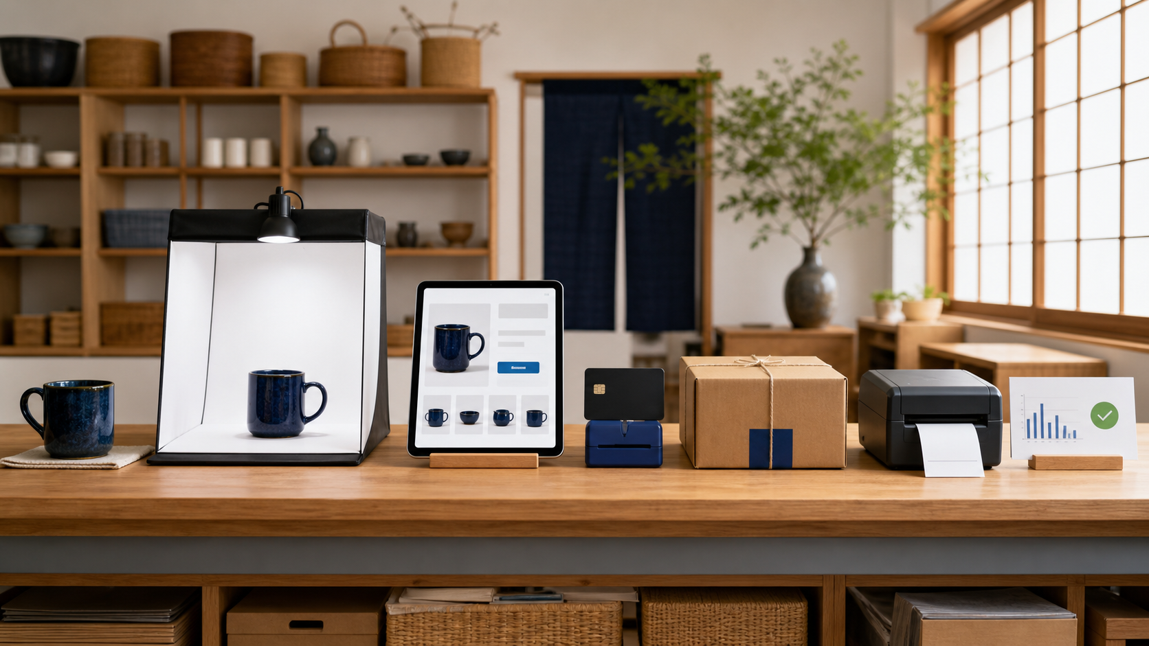 商品撮影、商品登録、決済、梱包、発送、分析を左から順に確認するネットショップ開業フロー