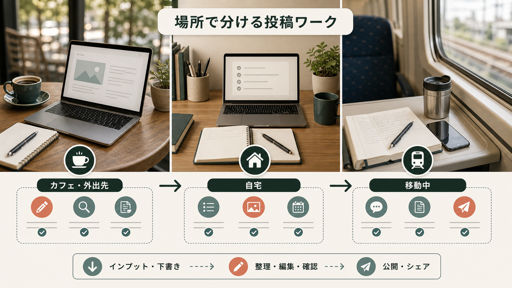 投稿が続かない人へ 外出先・自宅・移動中の作業分担表