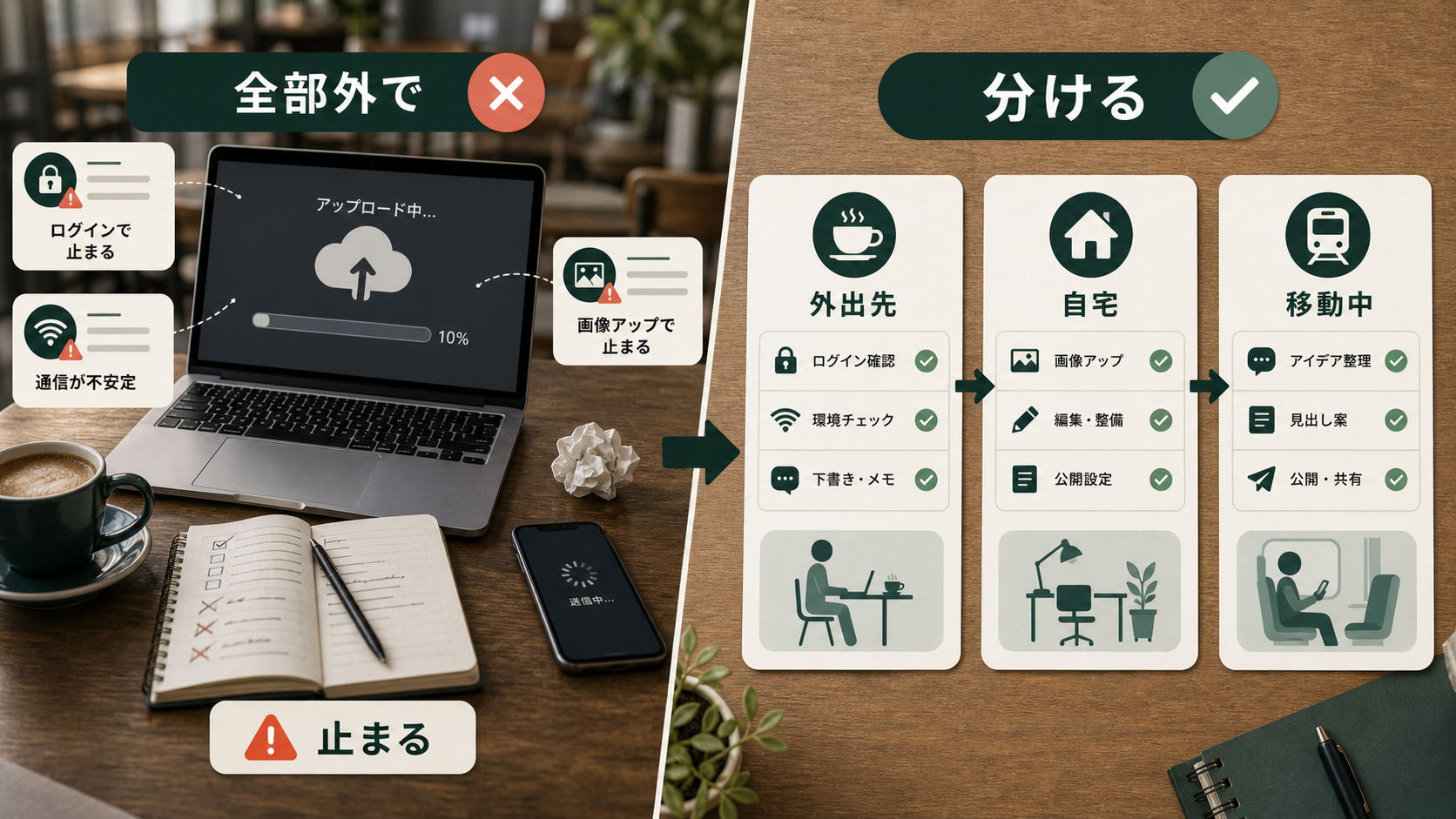 投稿が続かない人へ 外出先・自宅・移動中の作業分担表 失敗回避の確認ポイント